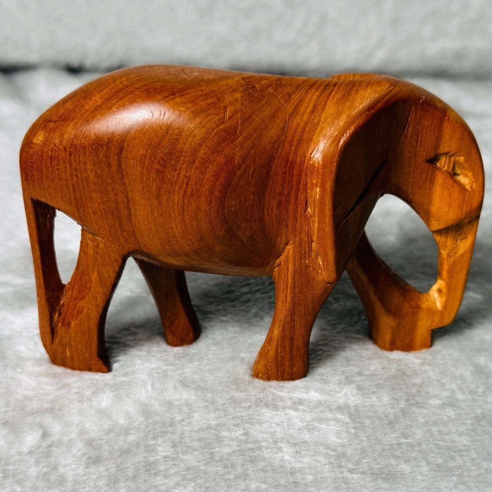 Vintage Hand Carved Wood Elephant Figurine Mid Century Modern MCM Sculpture